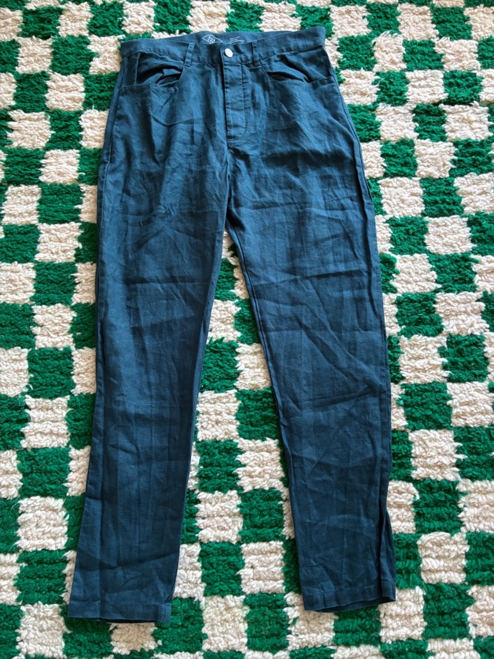 Alex Crane Teal/ Navy Slim Straight Pants - Classic Everyday Linen Trousers